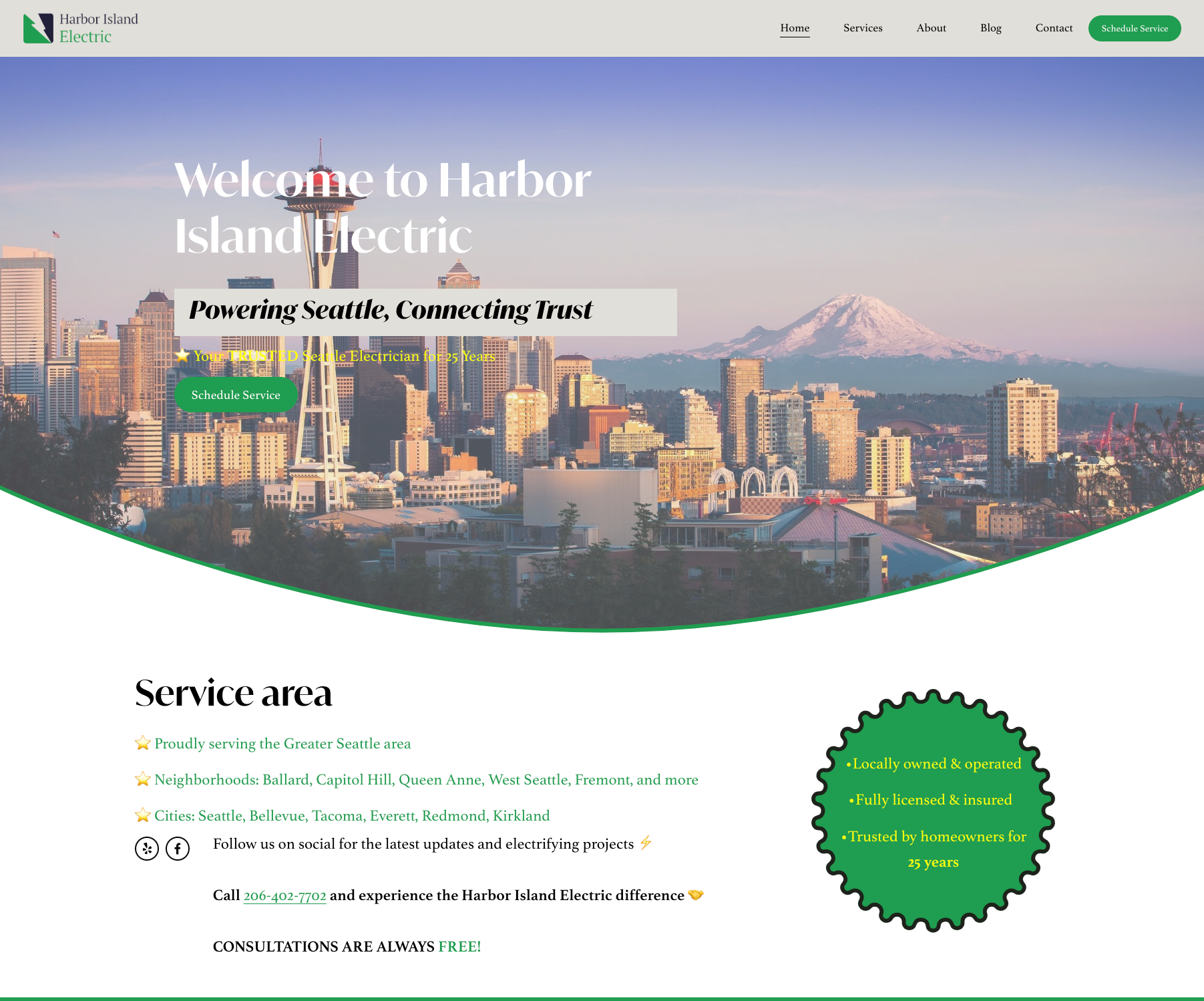 Harbor Island Electric Seattle website designed by Axess Web Design