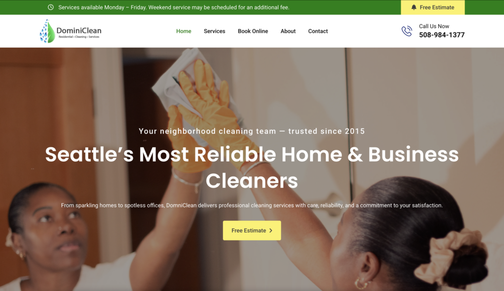 New Seattle Cleaning Site DominiClean homepage designed by Axess Web Design showing modern responsive layout for Seattle cleaning services.