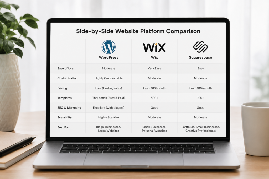 A side by side comparison between WordPress, Wix and SqaureSpace features.