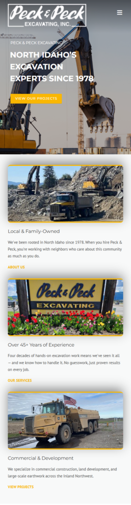 Excavation contractor website design shown on mobile — Peck & Peck Excavating homepage by Axess Web Design