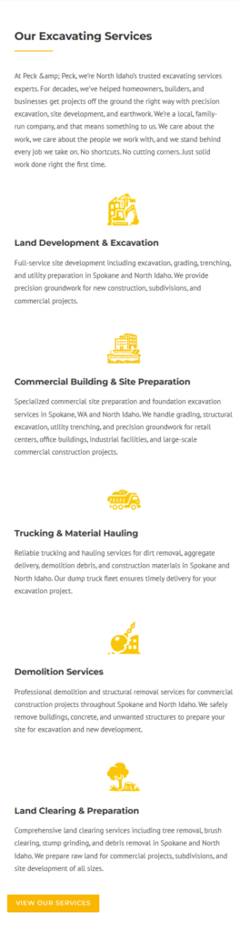 Peck & Peck Excavating services page on mobile, listing land development, site prep, hauling, and demolition