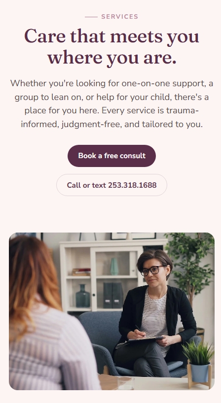 Responsive counseling website design shown on a mobile phone