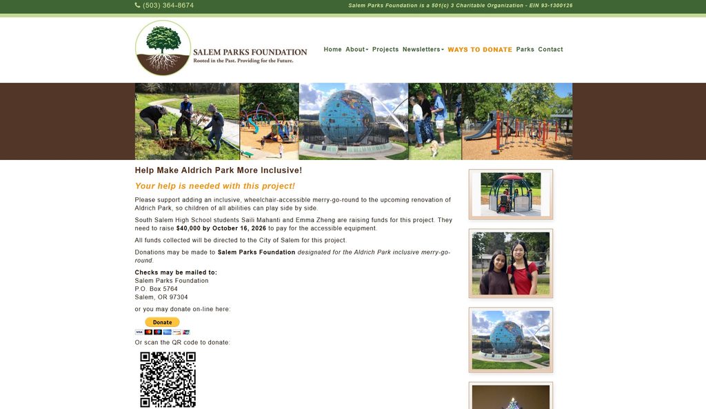 Screenshot of the Salem Parks Foundation website Ways to Donate page, featuring the Aldrich Park inclusive playground campaign and Eco-Earth Globe restoration project. Nonprofit website design Salem Oregon.