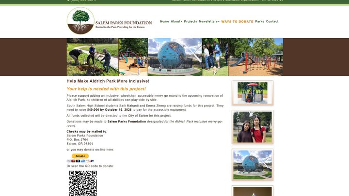Screenshot of the Salem Parks Foundation website Ways to Donate page, showing the Aldrich Park inclusive playground campaign, Eco-Earth Globe restoration project, and donation QR code.